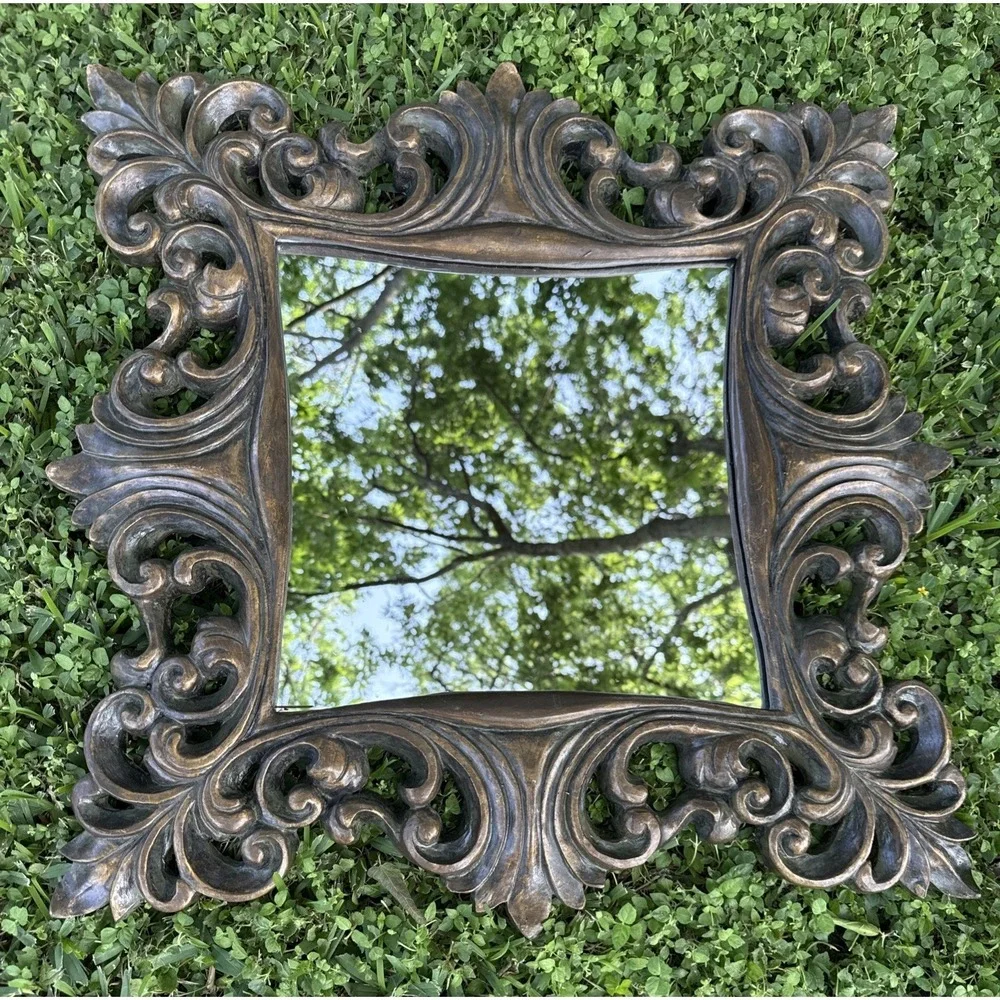 Ornate Carved Wood Mirror Hollywood Regency Baroque Style Wall Decor 24x 23 1/2